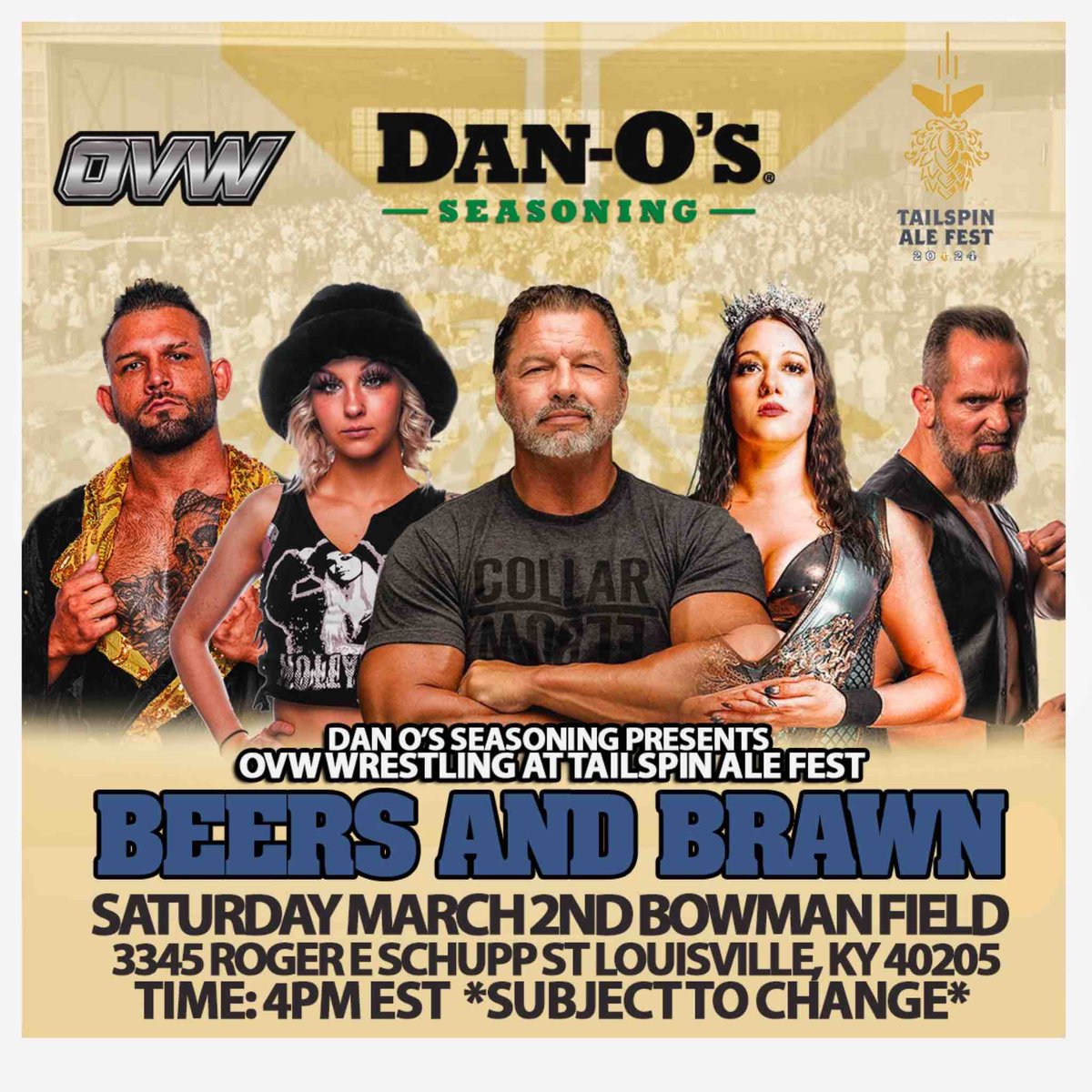 OVW is on the road with @DanOsSeasoning and we want you there! 2/23 - Lexington, KY - Manchester Music Hall 2/25 - Indianapolis, In - Irving Theater 3/2 - Tailspin Ale Fest at Bowman Field Tickets and info at OVWTix.com #OVWwrestling #OVWLive #WrestlersNetflix