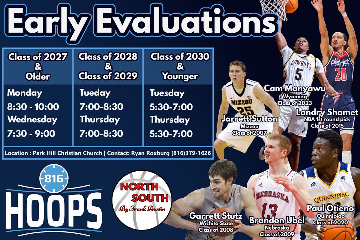 Early evaluations are here for all Elementary, MS and HS players whose school season has already finished.  We will have an announcement with our try out schedule for those still playing shortly.  Contact coach Ryan Roxburg at (816)379-1626 with any questions!