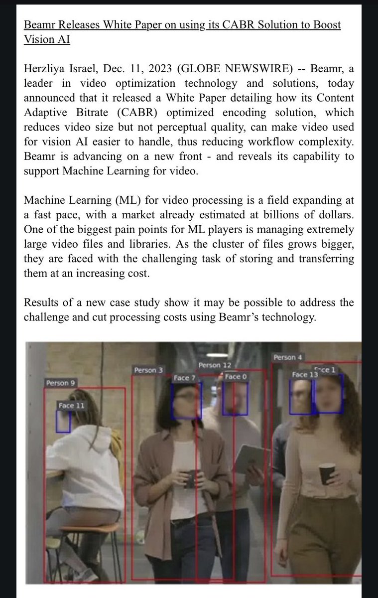 risenfit's tweet photo. $BMR #MachineLearning
Vision #AI Applications.
#Surveilance #DeepStateTech
This Israeli company IPO’d in February 2023, and shortly after in May as stated above, partnered with $NVDA
In the new White Paper, Beamr shows that video files that were slimmed down by 40% on average - without losing their perceptual quality due to Beamr’s CABR technology - keep ML results unaffected.
The tests were conducted on NVIDIA DeepStream SDK - a tool for AI-based multi-sensor processing, video, audio and image understanding, which was a natural choice for Beamr as an NVIDIA Metropolis partner.
Tamar Shoham, Beamr CTO, said: "We decided to try out the Nvidia DeepStream SDK, which enables vision AI applications and services, combined with the recent Nvidia encoder enhanced with Beamr CABR.
In the experiment, we demonstrated that the results of the DeepStream were unaffected by the video optimization process”.
Beamr Announces First Half 2023 Financial Results:
January- June 2023:
#BalanceSheet
Cash Position: $6.2M
Debt: $600k
#Earnings:
Revenue: $955k
Net Loss: -$(924k)
#CapitalRaise:
On January 12, 2024, the company registered to sell 2.5M shares at $4.00 or at the current market price.
At the time of the share registration, the price was trading at $1.63.
Notes:
Expect selling pressure from dilution and I’d say that $BMR will need more cash soon.