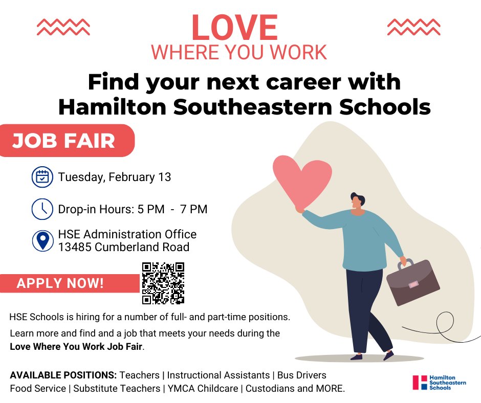 HSESchools's tweet image. Seeking a fresh start? Want to help make a difference in our community? Check out the opportunities available at HSE Schools! We’re hosting a drop-in job fair tomorrow, Feb. 13 from 5 – 7PM at 13485 Cumberland Rd. We hope that you will join us and “love where you work.”