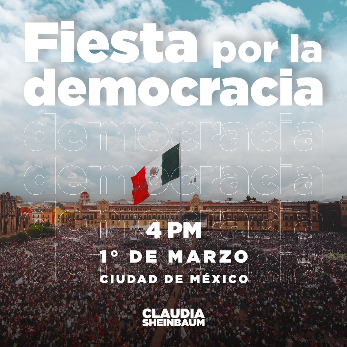 Nos vemos el 1° de marzo en el Zócalo a las 16:00 horas.
Todas y todos acompañemos a la <a href="/Claudiashein/">Claudia Sheinbaum Pardo</a> .