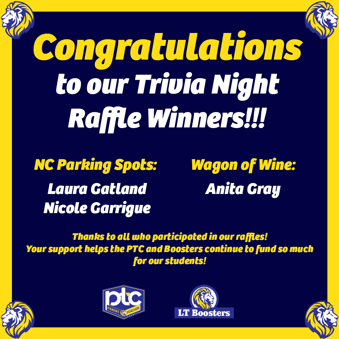 LTHSPTC's tweet photo. Congratulations to our Trivia Night Raffle Winners! And thank you to all who participated in our raffles! Your support helps the PTC and Boosters to continue to fund so much for our students!
NC Parking Spots: Laura Gatland &amp; Nicole Garrigue
Wagon of Wine winner: Anita Gray https://t.co/GIK1R6e6aG