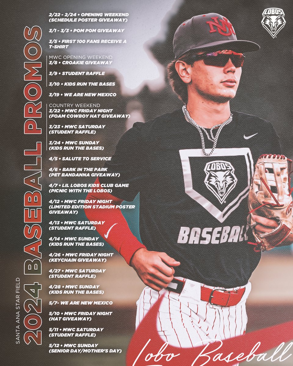 UNMLoboBaseball's tweet photo. Baseball season is nearly here 🤠

Check out our loaded promo schedule for 30 home games at Santa Ana Star Field this season, with our Opening Weekend in 10 days!

#GoLobos https://t.co/YDP8FER5mT