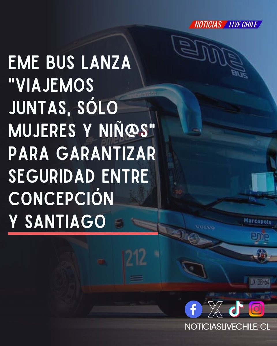 NoticiasLiveCh's tweet photo. #EmeBus anunció el lanzamiento de un nuevo servicio exclusivo: “Viajemos Juntas, Sólo Mujeres y niñ@s”
Más detalles ⬇️
https://t.co/GFg3RjJcDx https://t.co/Cps6zwFZVa