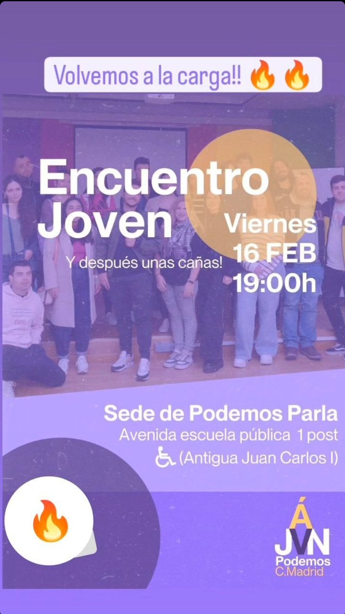 Encuentro joven el 16 de febrero a las 19 en la sede de Podemos Parla. ¡Nos vemos! 💜