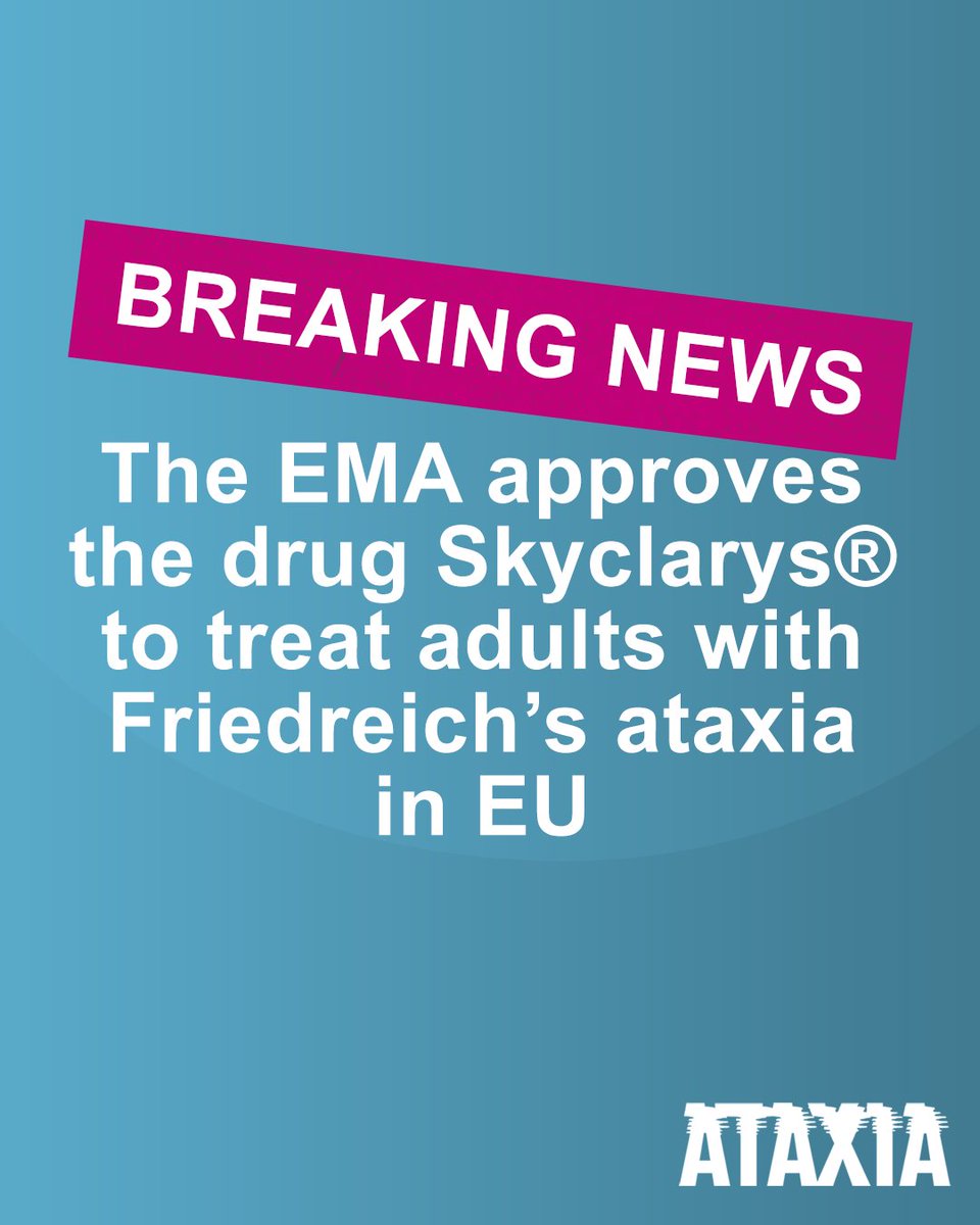 The EMA approves the drug Skyclarys® to treat adults with Friedreich’s ataxia in EU countries. For more info, head over to: ataxia.org.uk/omav-updates/ #AtaxiaAwareness #AtaxiaUK #Skyclarys #FriedreichsAtaxia #RareDisease