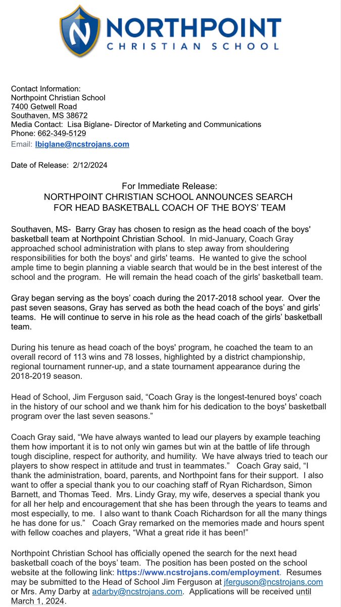 Northpoint Christian School Announces Search for Boys’ Head Basketball Coach.  The job description has been posted on the school’s website: ncstrojans.com/employment.  Applications should be sent to our Head of School Jim Ferguson at jferguson@ncstrojans.com by March 1, 2024.
