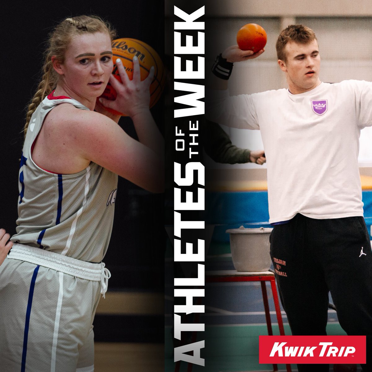 @kwiktrip Athletes of the Week! Elli Hemann earned a double-double against Northland and totaled 15 rebounds in 2 games. Alexander Burnham earned a 1st place finish in the shot put at the Meet of the Hearts! @crownwomensbasketball @crownpolars_xc_tf #GoPolars | #hoops | #field