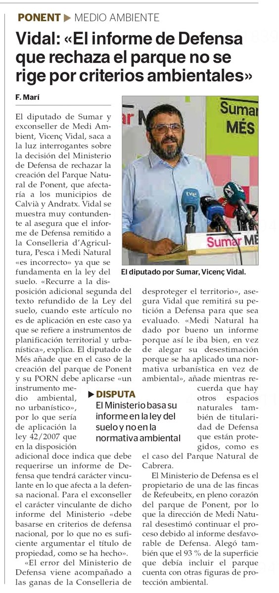 A <a href="/UHmallorca/">Ultima Hora Mallorca</a> es feien ressó aquest cap de setmana de que l'informe de Defensa que rebutja el Parc de Ponent no es regeix per criteris ambientals i és incorrecte.

Nosaltres hi continuam compromesos.

#ParcdePonent #Rafeubetx #Calvià