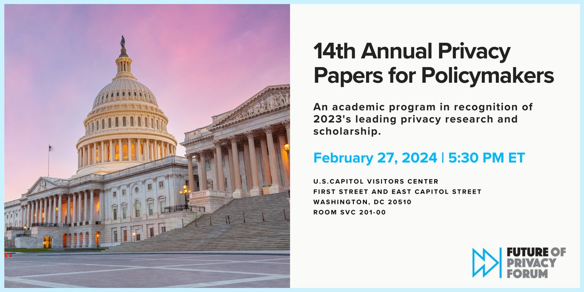 The 14th Annual Privacy Papers for Policymakers will take place at the Capitol Visitor Center in Washington, DC!🏆 We’re joined by keynote @SenPeterWelch, awardees @ClaireMKBowen, @FoxCahn, & others, along with discussants Edgar Rivas, @mbogen, & more. eventbrite.com/e/14th-annual-…