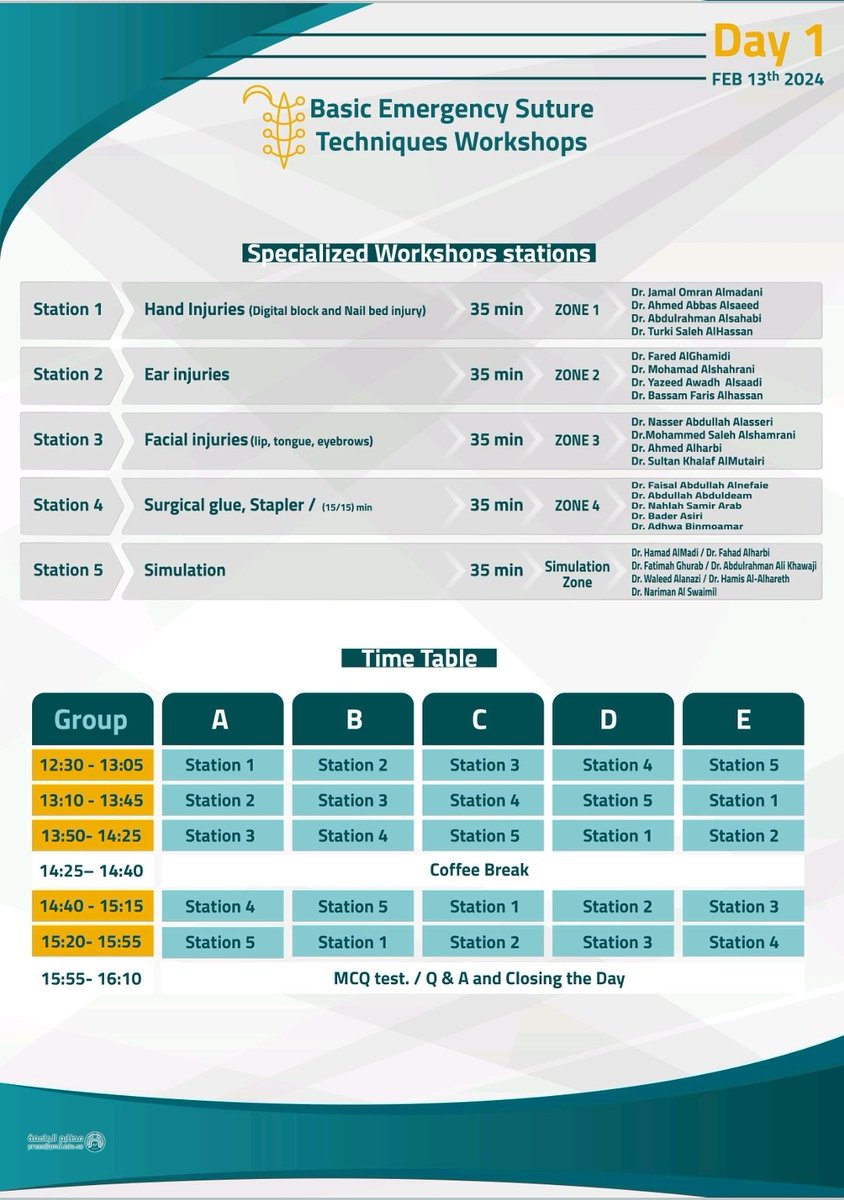 Day 1️⃣

🗒 Basic Emergency Suture Skills Techniques workshops.

🆕️ Specialized Workshops including Facial Injuries; Ear injuries,  Fingertip amputation and much more.. 

🗓 Tuesday 13th Feb 2024.

اليوم الأول 1️⃣
ورش عمل خياطة الجروح الأساسية في الطوارئ

🆕️ ورش عمل متخصصة في