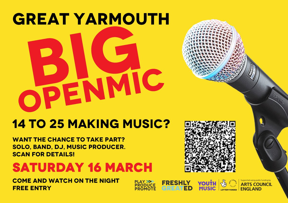 We are looking forward to hearing from 14 to 25 year old music makers in the Great Yarmouth area! Scan to take part in our BIG Open Mic. @CaisterAcademy @InspirationEast @CliffParkOA @OrmistonVenture @LynnGroveAc @AcleAcademy @FleggHighOA @EastCoast_Coll @EastNorfolk