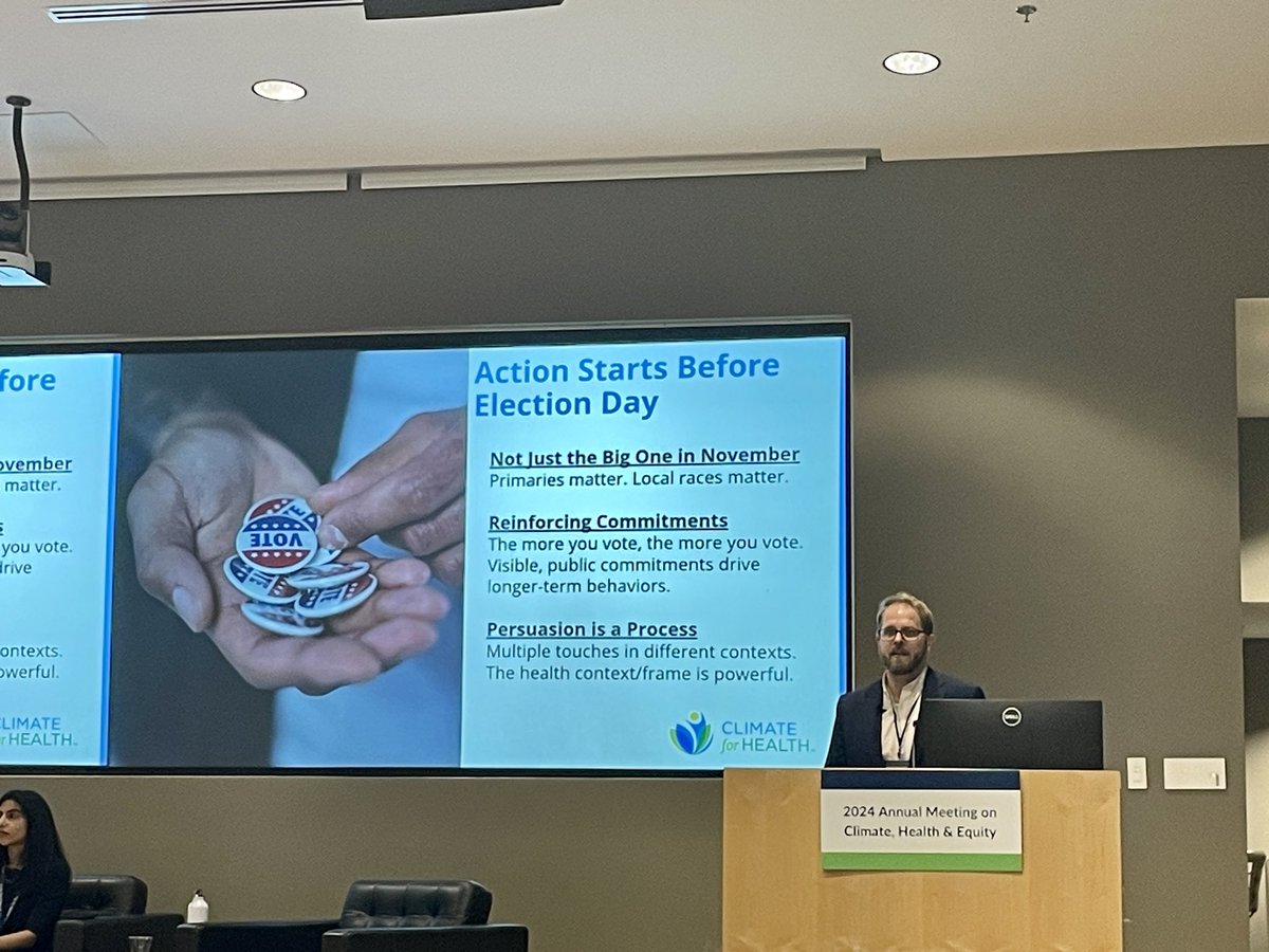 .@Climate4Health’s Ben Fulgencio-Turner sharing an important reminder during our Get Out the Vote session: Action starts before Election Day. #ClimateHealth2024