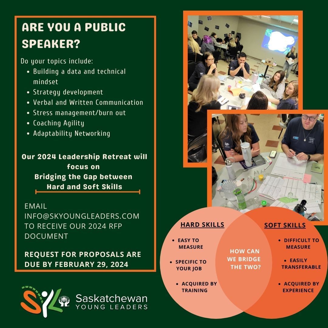 Are you a public speaker? We are currently accepting proposals for speakers for our 2024 Leadership Retreat. If you are interested in speaking please have your proposal in by February 29th!
RFP available on our website or you can email us at info@skyoungleaders.com
#SYL2024