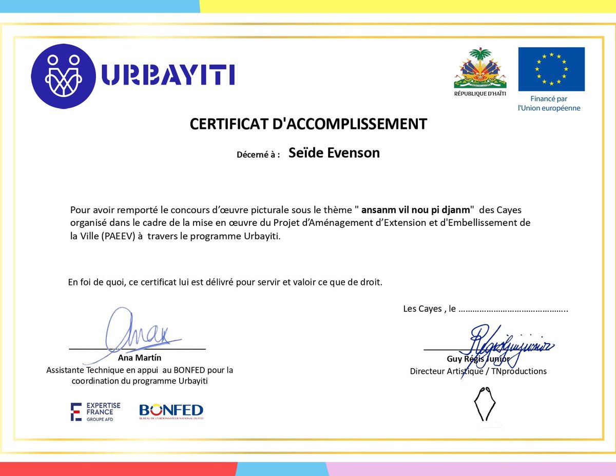 p_urbayiti's tweet photo. Félicitations à Seide Evenson, originaire de la ville des Cayes, qui a remporté le 1er prix du concours de peinture organisé par @expertisefrance dans le cadre de la campagne de promotion lancée pour sensibiliser la population sur le #PAEEV. @EUDelegationHt https://t.co/13aE8WaAbu