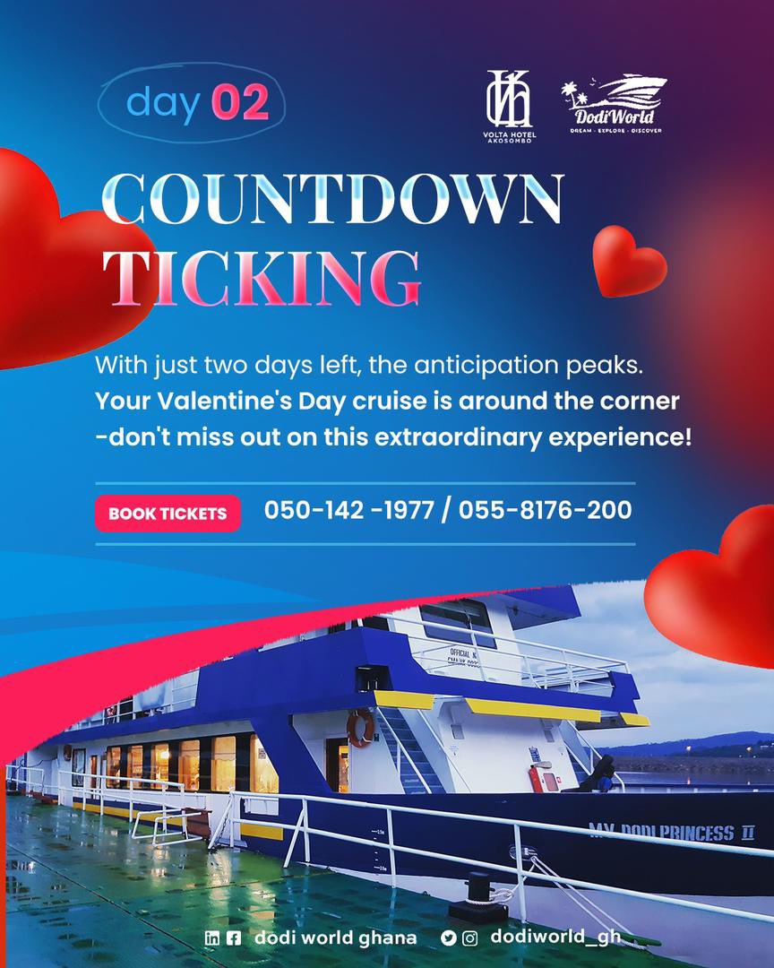 dodiworld_gh's tweet photo. 2 days More ππ’
Join us this weekend for the long awaited weekend Valentines Cruise.
Your exclusive escape awaits on the serene waters of the Volta Lake @dodiworld_ghana
Book your cruise seatsπΊ :
050-142 -1977 / 055-8176-200
https://t.co/D1oKjOg7r4
#dodiworld #akosombo https://t.co/BfeHL430Z5