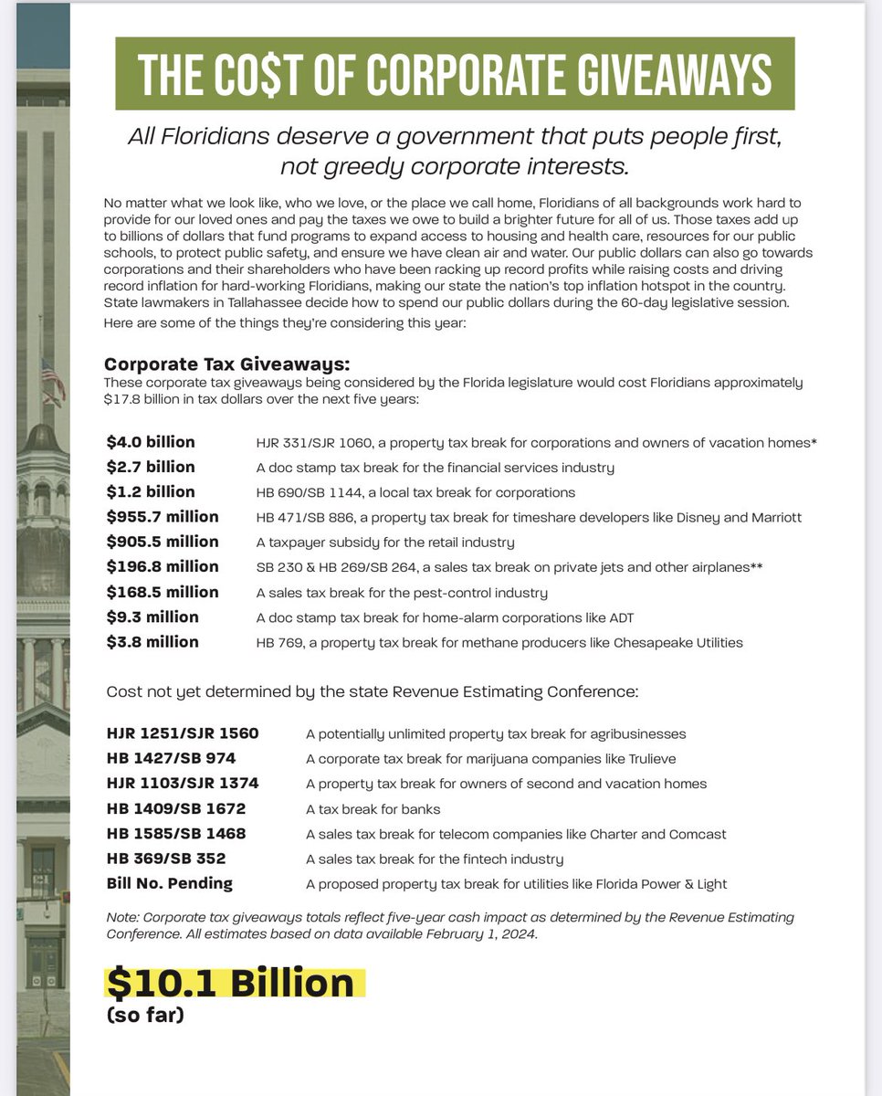 FLForAllVote's tweet photo. Our latest report reveals how legislation this session will cost Floridians AT LEAST $10.1 BILLION in tax dollars over the next five years. When elected leaders make corporations pay what they owe and #FundOurFutures, we'll all have the freedom to thrive.  https://t.co/2RhpanvWJn https://t.co/e2tNN34cgO