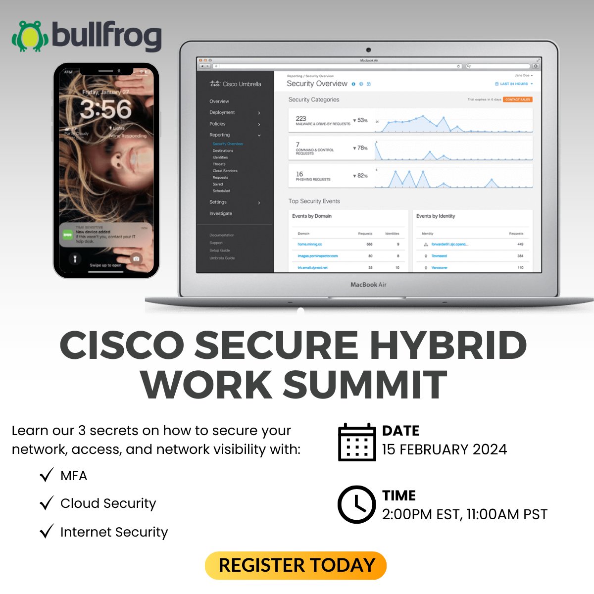 Worried about remote work security?  Join Bullfrog for Secure's Hybrid Work Summit &amp; learn how to "Turn on an Umbrella" of protection! #webinar #cybersecurity #workfromanywhere ➡️ oal.lu/OCUuj