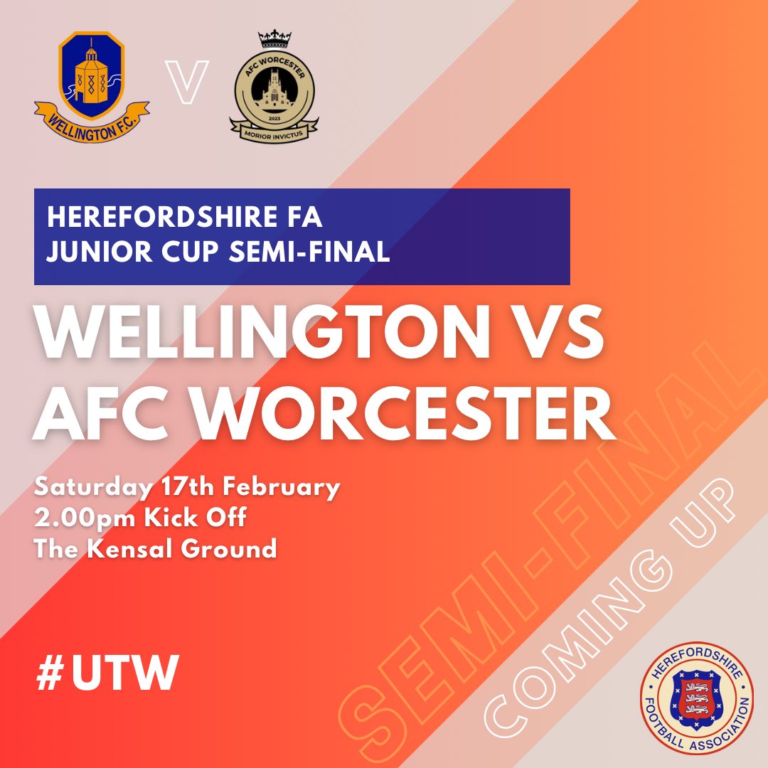Welly_Colts's tweet image. SATURDAY we entertain @AFCWorc at The Kensal Ground in the Semi-Final of the @HerefordshireFA Junior Cup.

Your support would be greatly appreciated 🍊