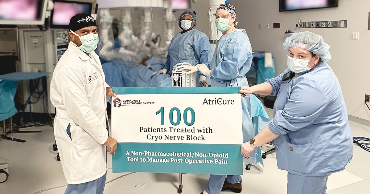 AtriCure's tweet photo. Indiana-based Cardiothoracic surgeon Dr. @jfraziermd is making waves at St. Mary's, St. Catherine's, and Community Hospital. He's celebrating his 100th patient treated with #cryoNB for post-op pain management! Congratulations, Dr. Frazier!

Learn more about cryoNB: https://t.co/0DMtRB1ZuI