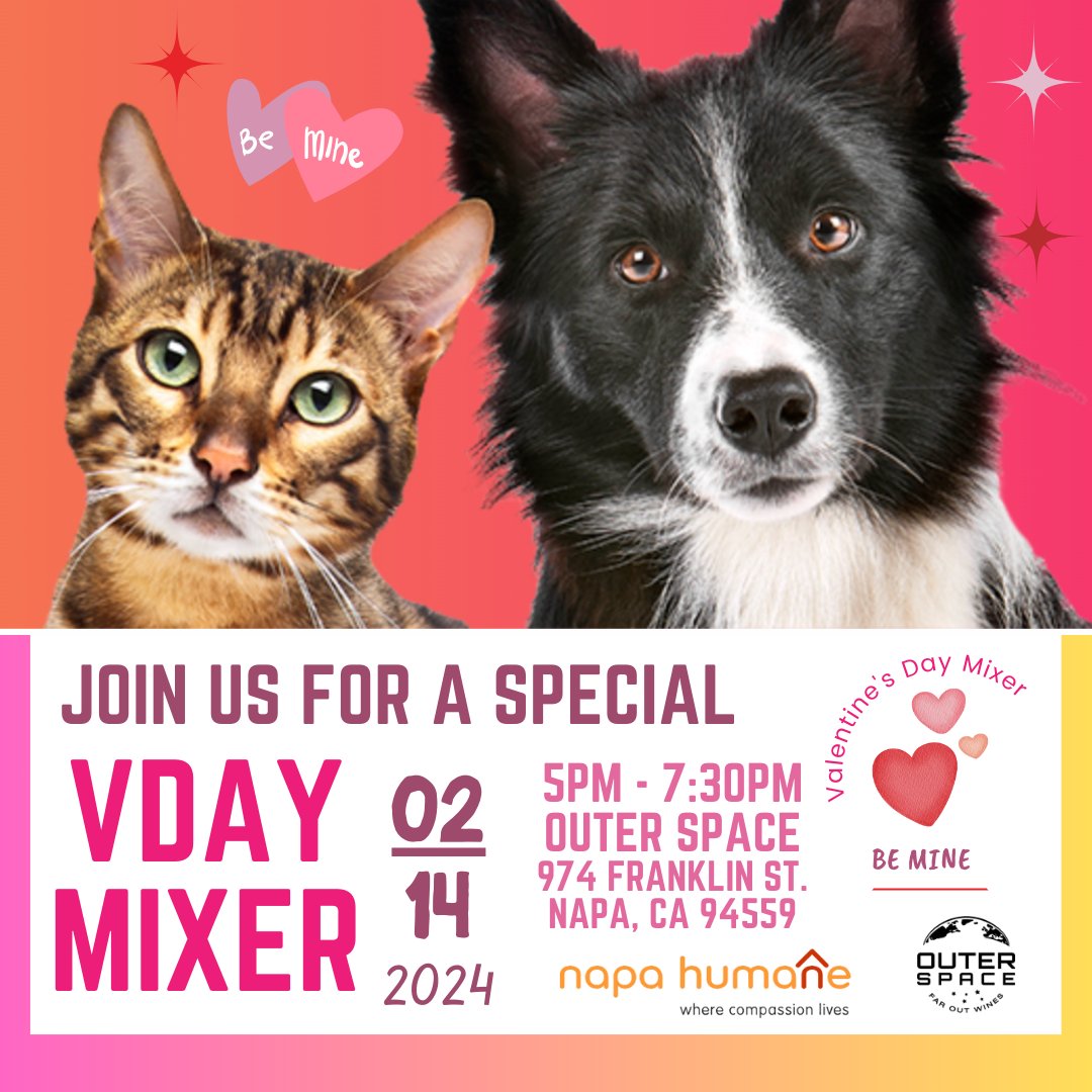 Don't forget! Join us at Outer Space Wines, 974 Franklin St in Napa, from 5pm-7:30pm for our Valentine’s Day Mixer celebrating our furry friends and family members! 🐾
🎉 This event is FREE for everyone (dogs too!)! 

bit.ly/VDayMixer