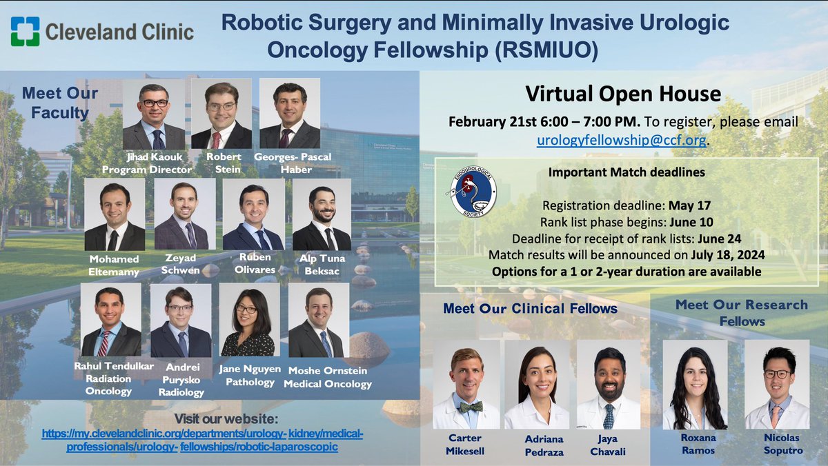 Are u applying to Robotic Surgery & Minimally Invasive Urological Oncology clinical fellowship (RSMIUO)? Join us at a TownHall to meet and greet faculty and current fellows. @JEndourology @young_endosoc @AmerUrological @Uroweb @CleClinicUroRes @CleClinicUro