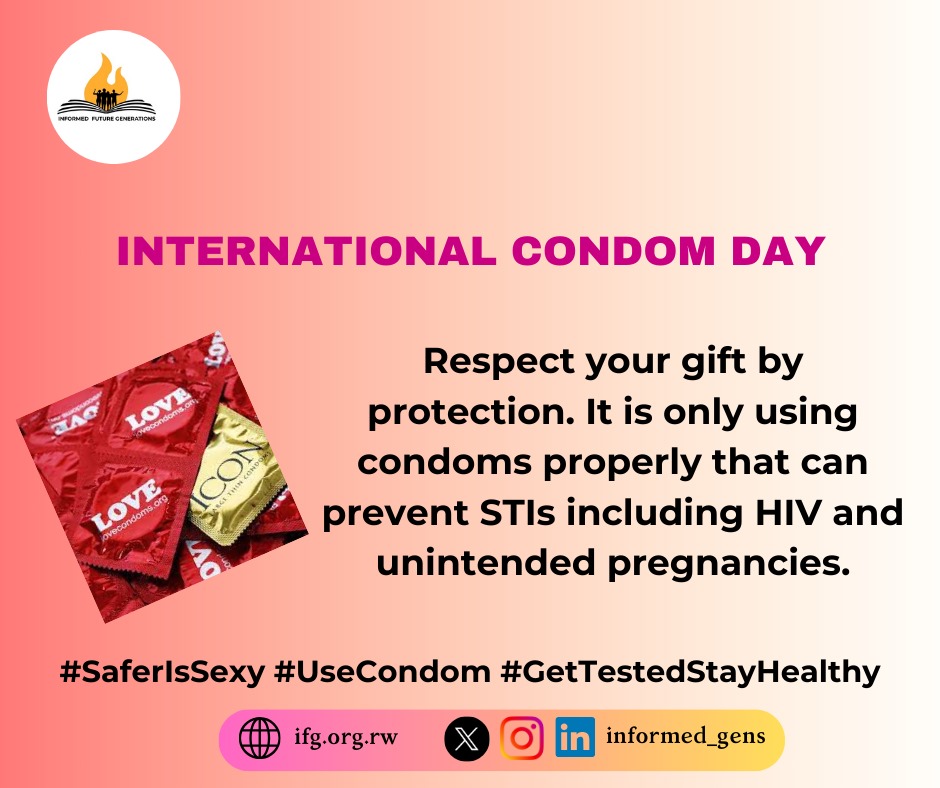 Respect your #valentinesdaygifts by protection. 
It is only using condoms properly that can prevent #STIs including #HIV and unintended pregnancies.
Happy #InternationalCondomsDay
#SaferIsSexy #UseCondom #GetTestedStayHealthy 
@RBCRwanda
@ahfrwanda @UNAIDSRwanda  @RwandaNGOForum