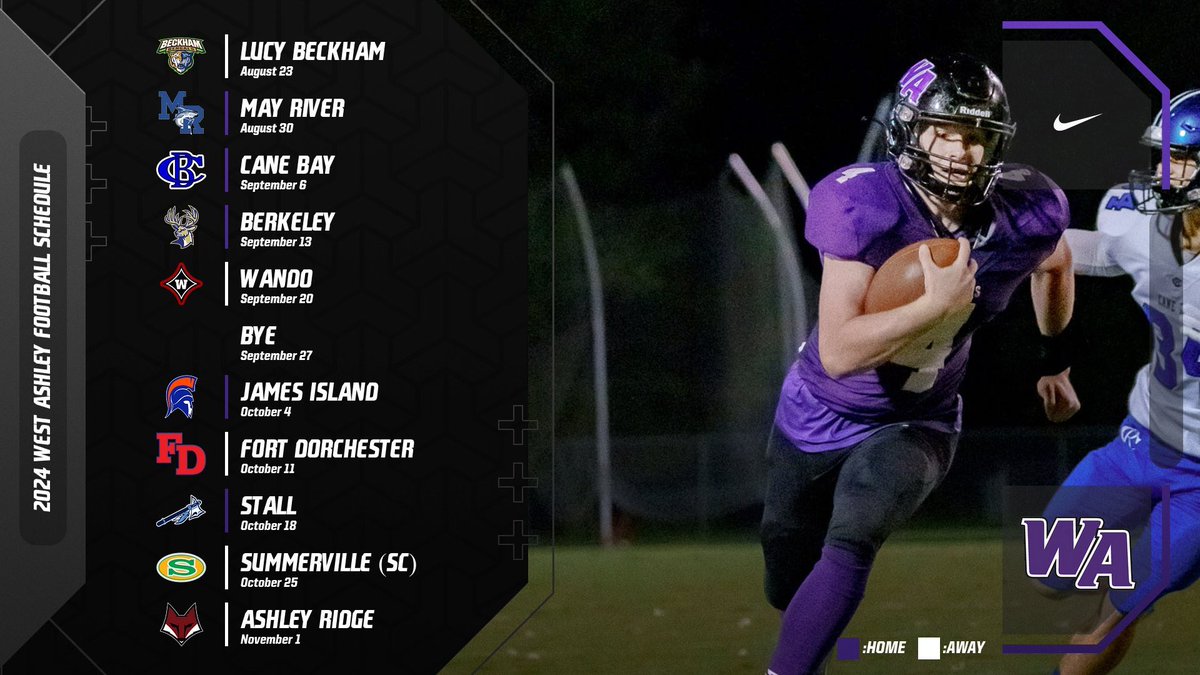 Ladies and Gentlemen.. Your 2024 West Ashley Football schedule is here! We can’t wait to see you in the Fall! #UniteTheWest #4Fipps