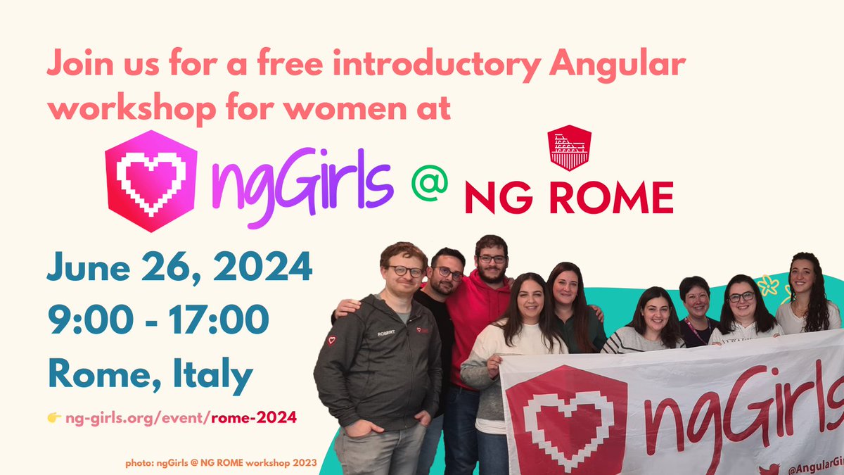 Ciao 👋, We're excited to be back again at @ngromeconf for a free #angular workshop for #women in #Rome 📆 Jun 26, 2024 🕘 9 am - 5 pm CET 🌎 Rome, 🇮🇹 🎯 Application Deadline: Jun 1 💻 In-person 😻 Looking for: participants & mentors Apply & Share ⬇️ bit.ly/rome-2024