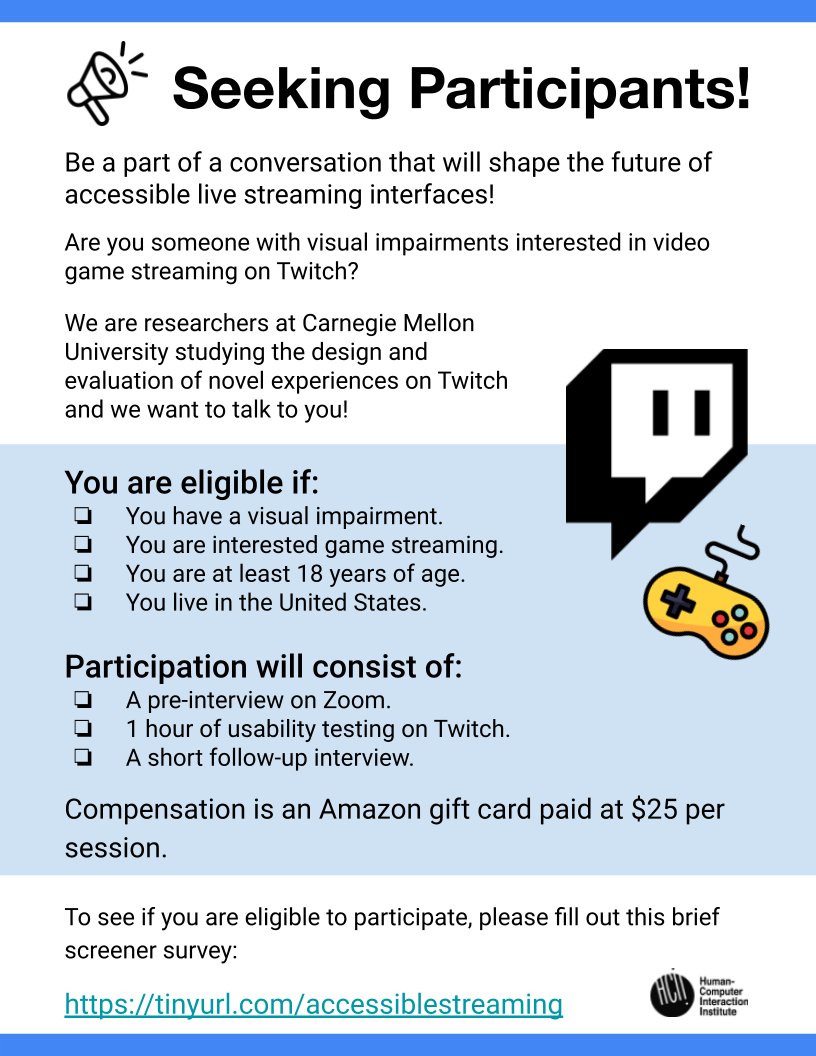 Come be part of our study! <a href="/FrankElavsky/">Frank ⌁</a> and I are looking for live stream viewers and gamers who identify as blind or visually impaired to help create accessible live streaming interfaces. If you’d like to take part, please fill out this survey tinyurl.com/accessiblestre…