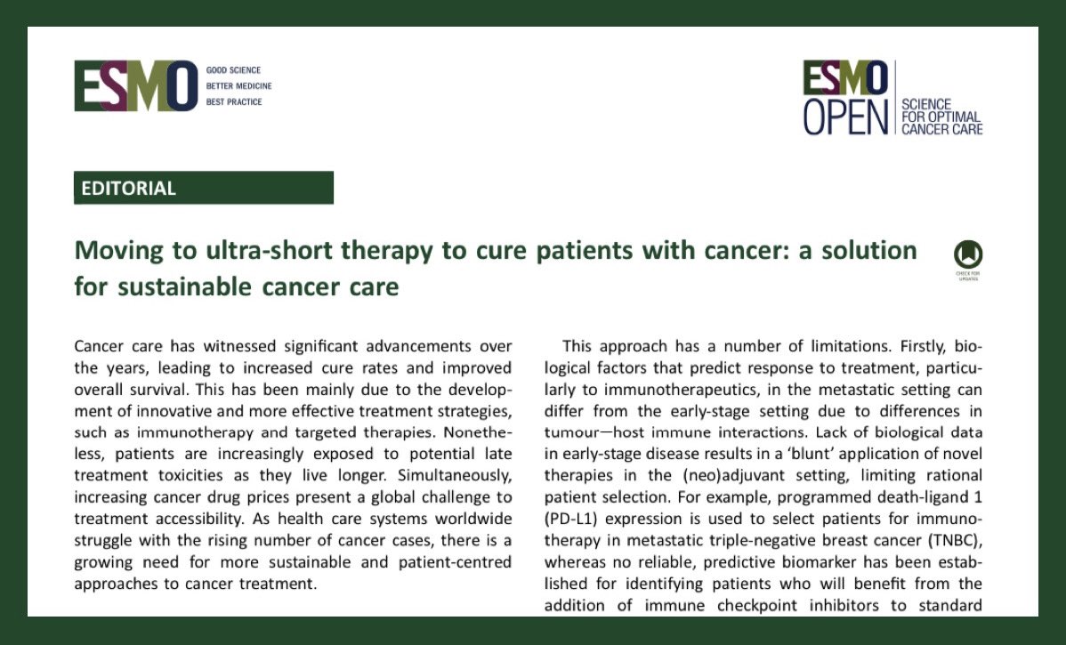 Moving to ultra-short therapy to cure patients with cancer: a solution for sustainable cancer care. Don’t miss the editorial by Drs. Ribeiro, Dixon-Douglas and @FAndreMD that accompanies the latest issue of @ESMO_Open. esmoopen.com/article/S2059-…