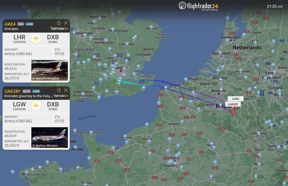 flightradar24's tweet photo. EK4 racing with EK10 to Dubai. Who will be first? https://t.co/rSWc2PWM1M