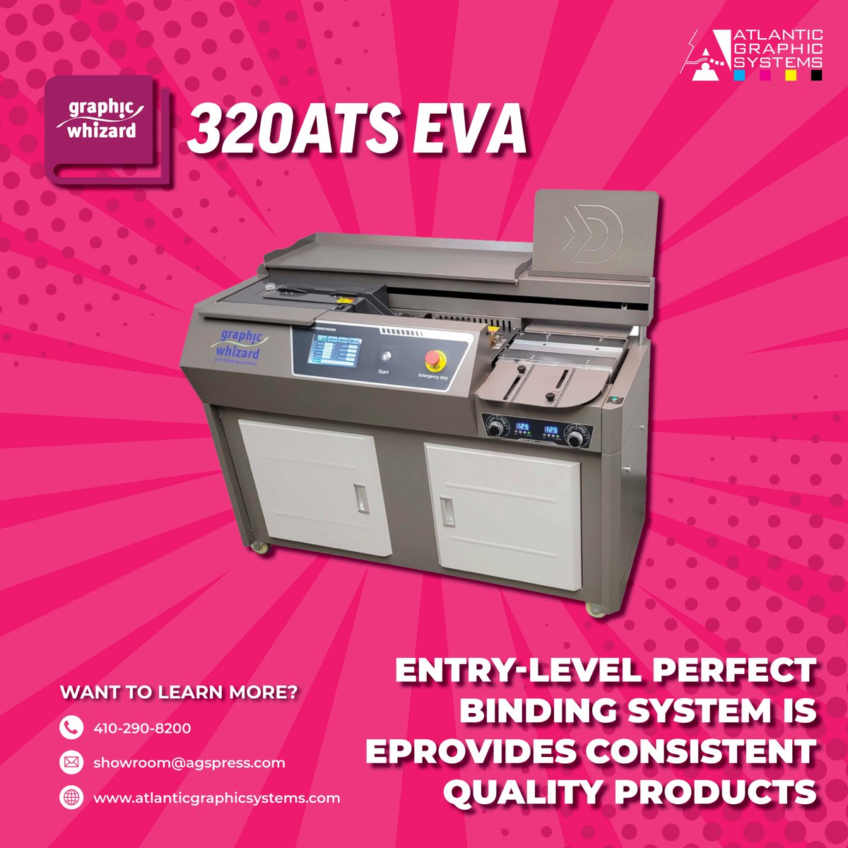 AGSPress's tweet photo. Elevate your finishing with the entry level Graphic Whizard 320ATS EVA perfect binder! Precision, easy to use, and reliability – all in one machine. 

This item is currently in our showroom! Want to see it run? Contact us today!

#ags #atlanticgraphicsystems #machinemonday https://t.co/0FWCObcuju