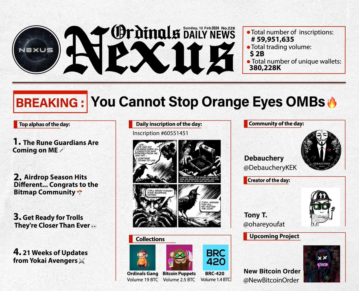 Nexus_Epoch's tweet photo. 𝐁𝐑𝐄𝐀𝐊𝐈𝐍𝐆: You Cannot Stop Orange Eyes @OrdinalMaxiBiz 🔸🔸

• Something magical is happening…🪄

• $BMPT airdrop for #bitmap holders 🪂

•  1234 genesis @TrollfaceBTC are here❗️

• From making history to character development 👀👇🏼

Here is your 1 minute recap of #Ordinals space to be ahead of the curve

A Thread🧵: