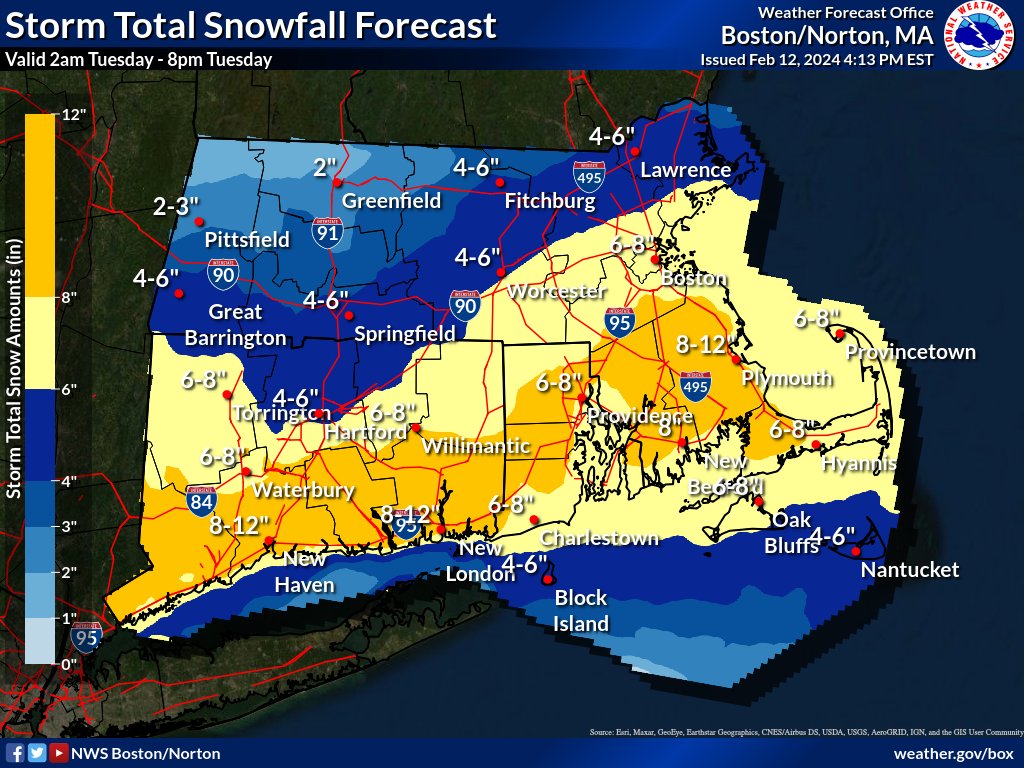 NWSBoston's tweet image. [Significant Winter Storm] A significant winter storm impacts the region Tuesday morning and afternoon.  Latest forecast shifts the  heaviest snow further to the south.  Strong winds across the Cape and Islands.  coastal flooding along east coast with early PM high tide.