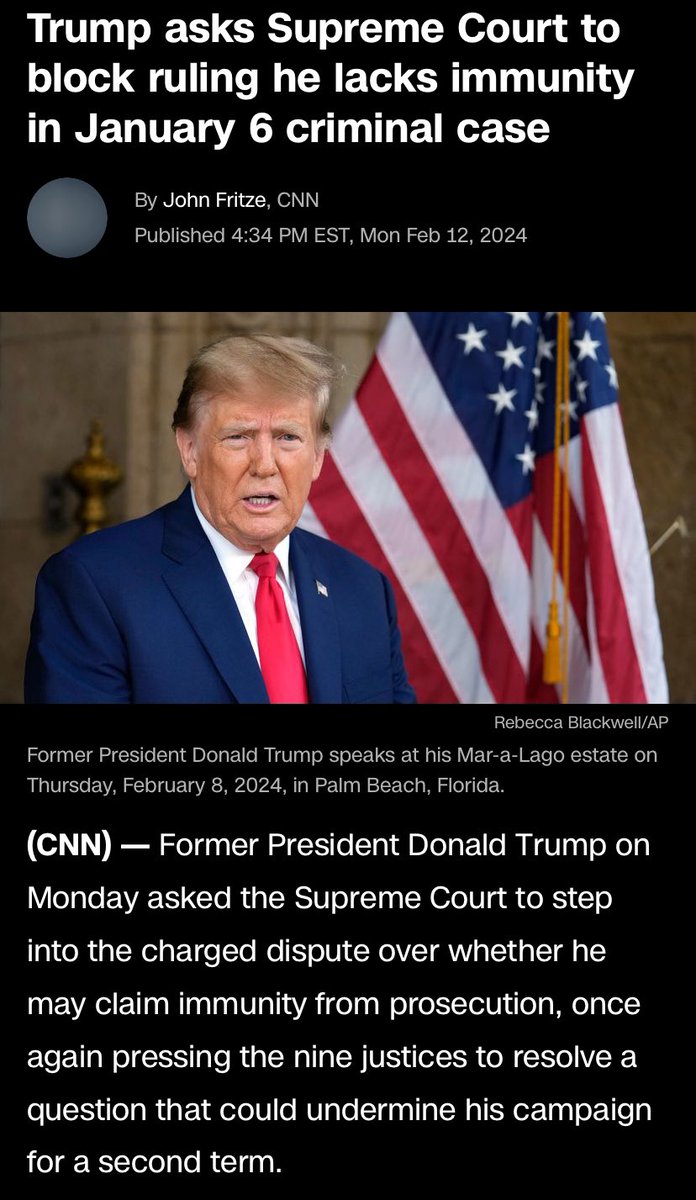 News: Trump has officially asked SCOTUS to temporarily block a scathing & unanimous decision from the DC Circuit handed down last week that flatly rejected his claims of immunity from election subversion charges brought by special counsel Jack Smith: cnn.com/2024/02/12/pol…