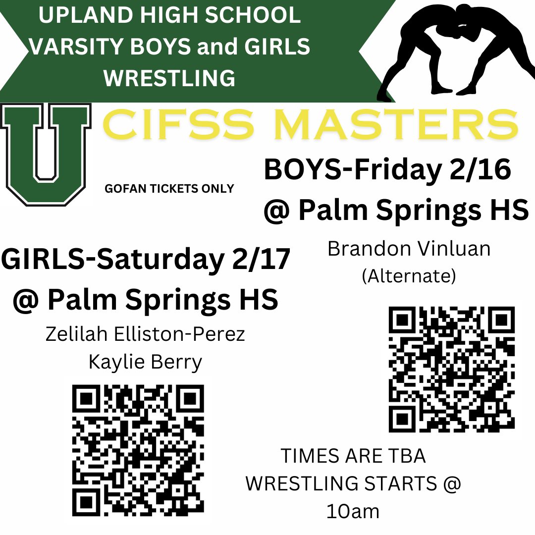 CIFSS Masters Meet Boys Wrestling Friday 2/16 Girls Wrestling Saturday 2/17 Wrestling Begins at 10am Tickets on GoFan
