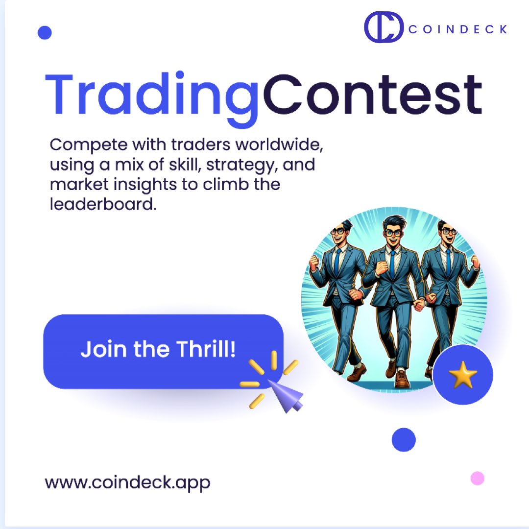 CoinDeck___'s tweet photo. Get ready to elevate your trading game! 📈 Join the CoinDeck Trading Contest and pit your strategies against the best. Skill, strategy, and insights can take you to the top of the leaderboard and stand a chance to win amazing prices. Are you in? #JoinTheThrill #tradingcontest https://t.co/H690FcT05m
