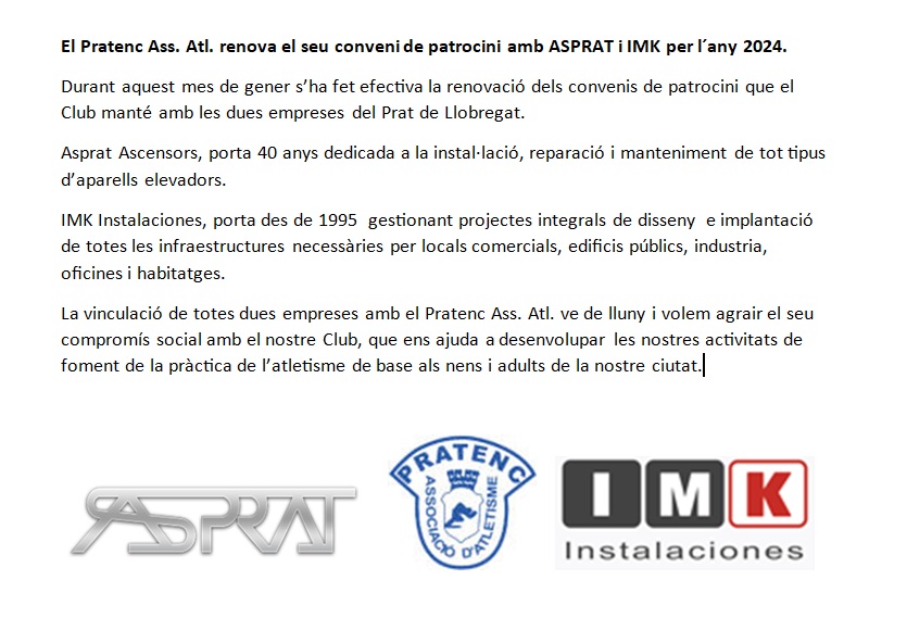 El Pratenc Ass. Atl. renova el seu conveni de patrocini amb ASPRAT i IMK per l´any 2024. pratencaa.net/2024/02/12/el-…