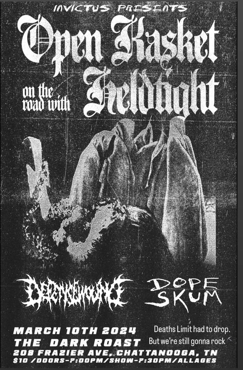 Playing a few more shows (plus our first show in Chattanooga) before we return to the catacombs to work on new material. We’ll still have some merch for these shows but if you want a shirt or a hat we have them in stock on our Bandcamp page.