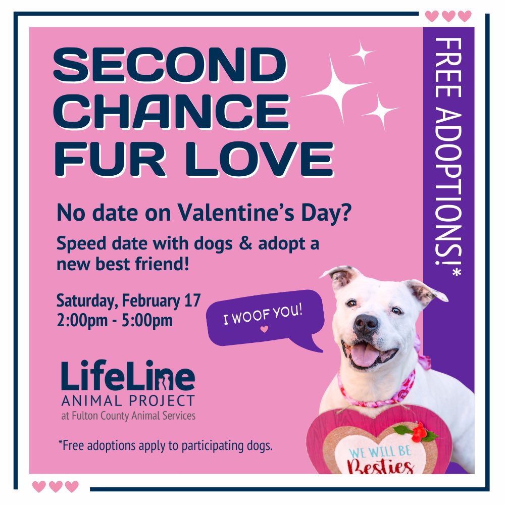 @lifelineanimal has an upcoming ‘Second Chance Fur Love’ adoption event. 🐶 Free adoptions will apply to participating dogs. No sign ups or appointments are required. Visit their page for more info on the event, or to learn about short term opportunities like Dog for the Day. 🐾