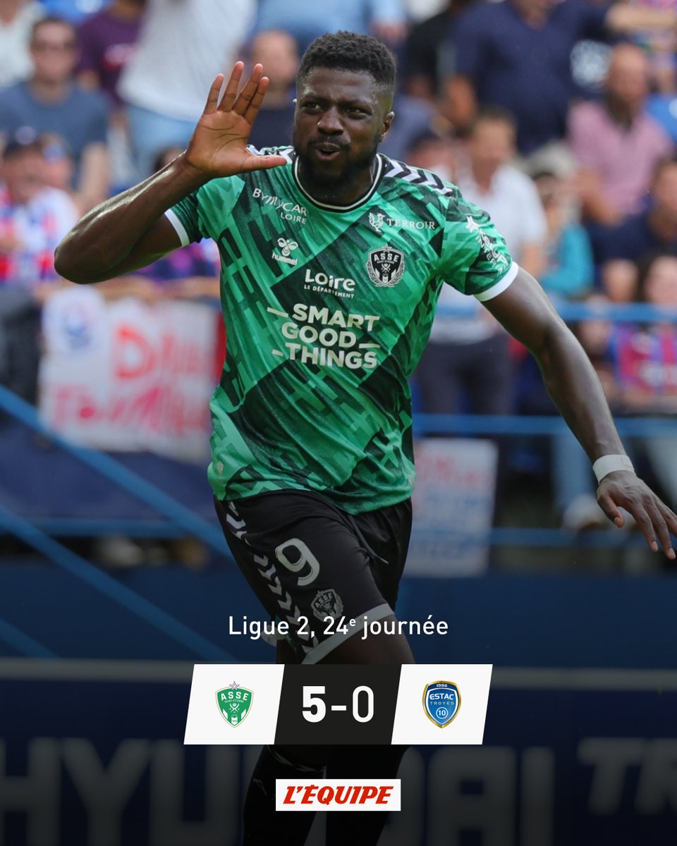lequipe's tweet image. Après deux défaites, Saint-Etienne a brillamment retrouvé le chemin de la victoire en dominant nettement Troyes (5-0). Les Verts gagnent cinq places au classement et pointent désormais au 7e rang. ow.ly/aHEr50QApoi
