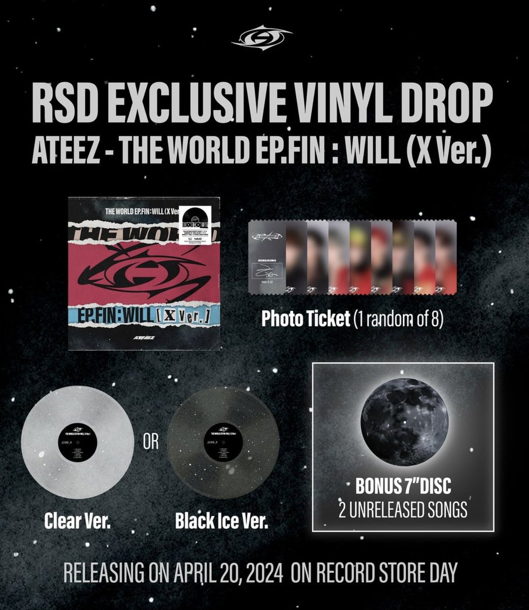 ✨RSD Exclusive ATEEZ Vinyl April 20
THE WORLD EP.FIN : WILL (X Ver.) 

☑️TWO unreleased songs (bonus vinyl) 
☑️Photo Ticket (1 random out of 8) 
☑️Clear Ver. OR Black Ice Ver. (1 random out of 2) 
☑️ 3 Postcards 
☑️1 Poster

#ATEEZRSD #RSD_KpopArtistOfTheYear_ATEEZ #RSD24