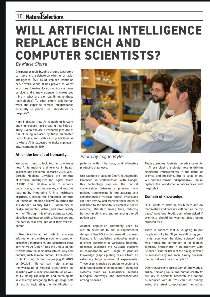 The new issue of Natural Selections newsletter <a href="/NatSelections/">NaturalSelections</a>  is out! Go and check out my contribution on AI for the benefit of science and humanity "Will Artificial Intelligence Replace Bench and Computer Scientists?"
selections.rockefeller.edu/will-artificia…