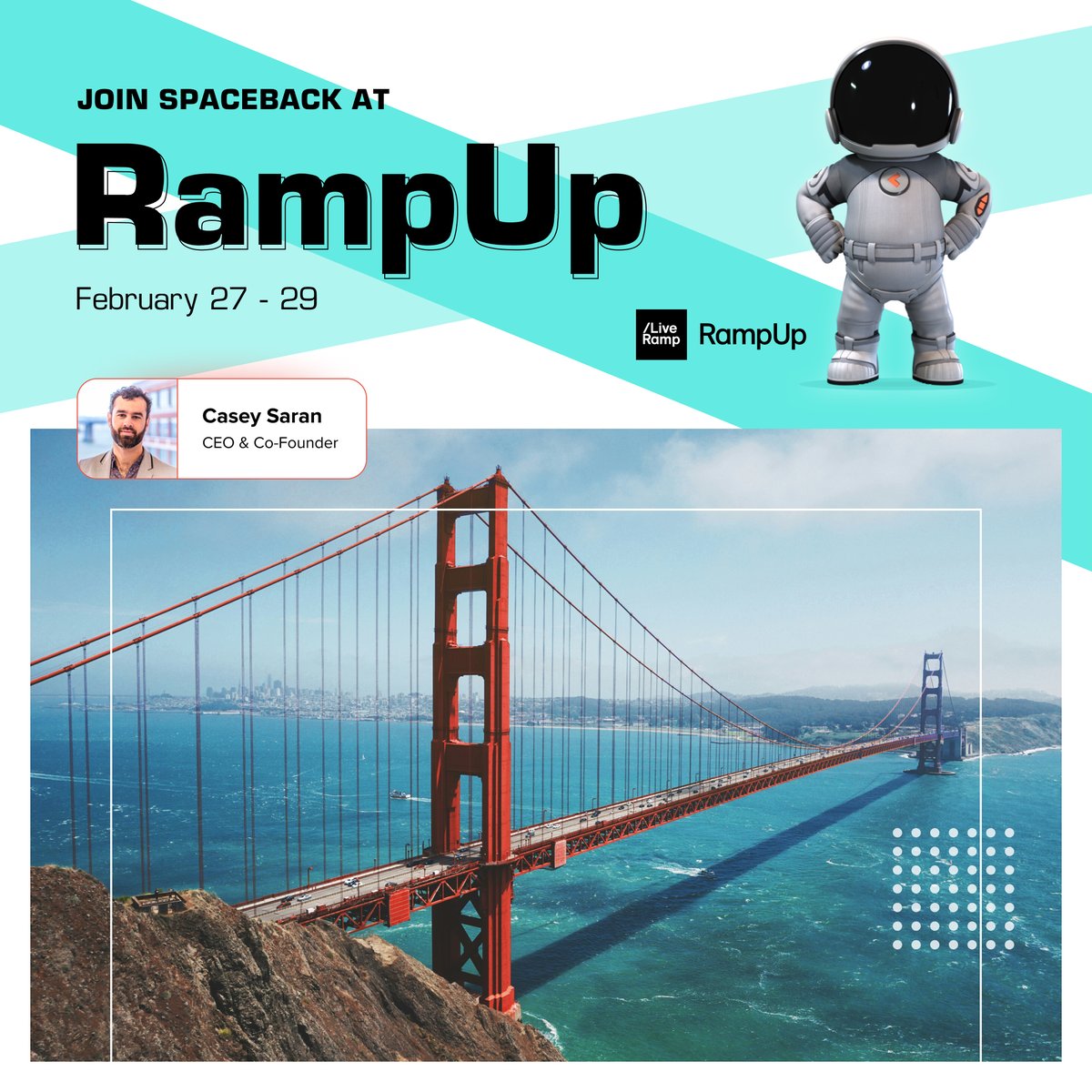 Spaceback's tweet image. We’re 2 weeks away from the premier data collaboration event, @LiveRamp's #RampUp! Casey Saran is gearing up to join the action in San Francisco. Reach out to Casey if you'll be there! Let’s connect &amp;amp; dive into the future of advertising amidst #cookiedeprecation. See you there!