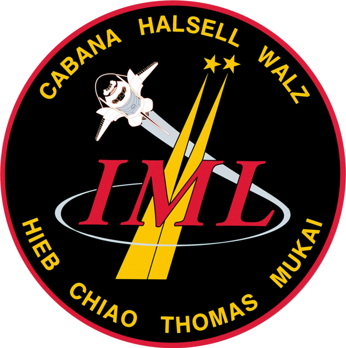 STS-65 Mission Insignia Designed by the mission crew members, the STS-65 insignia features the International Microgravity Lab (IML)-2 mission and its Spacelab module which flew aboard the Space Shuttle Columbia. IML-2 is reflected in the emblem by two gold stars shooting toward the heavens behind the IML lettering. The Space Shuttle Columbia is depicted orbiting the logo and reaching off into space, with Spacelab on an international quest for a better understanding of the effects of space flight on materials processing and life sciences.