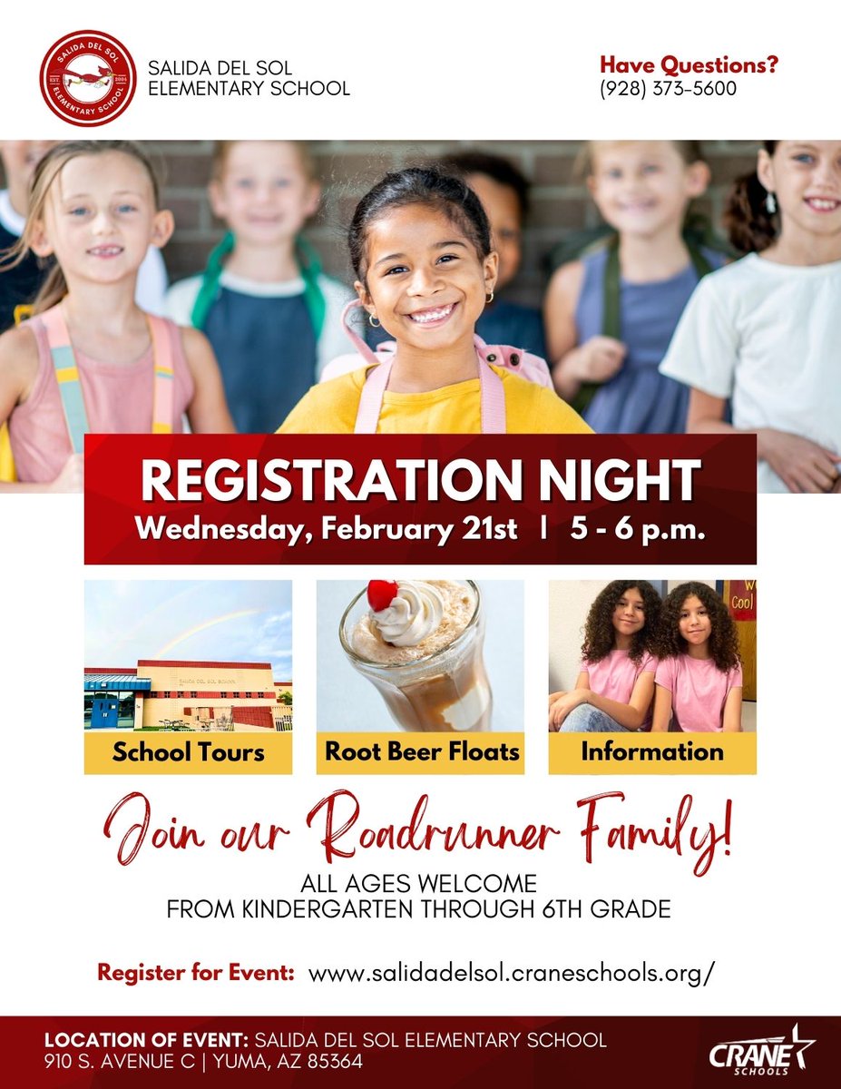 ⭐️ Salida del Sol Elementary School is on the lookout 🧐 for new Roadrunners! They're hosting a Registration Night on February 21st from 5 - 6 p.m. All ages welcome! 👉 Register to attend: ow.ly/orFS50QApwX