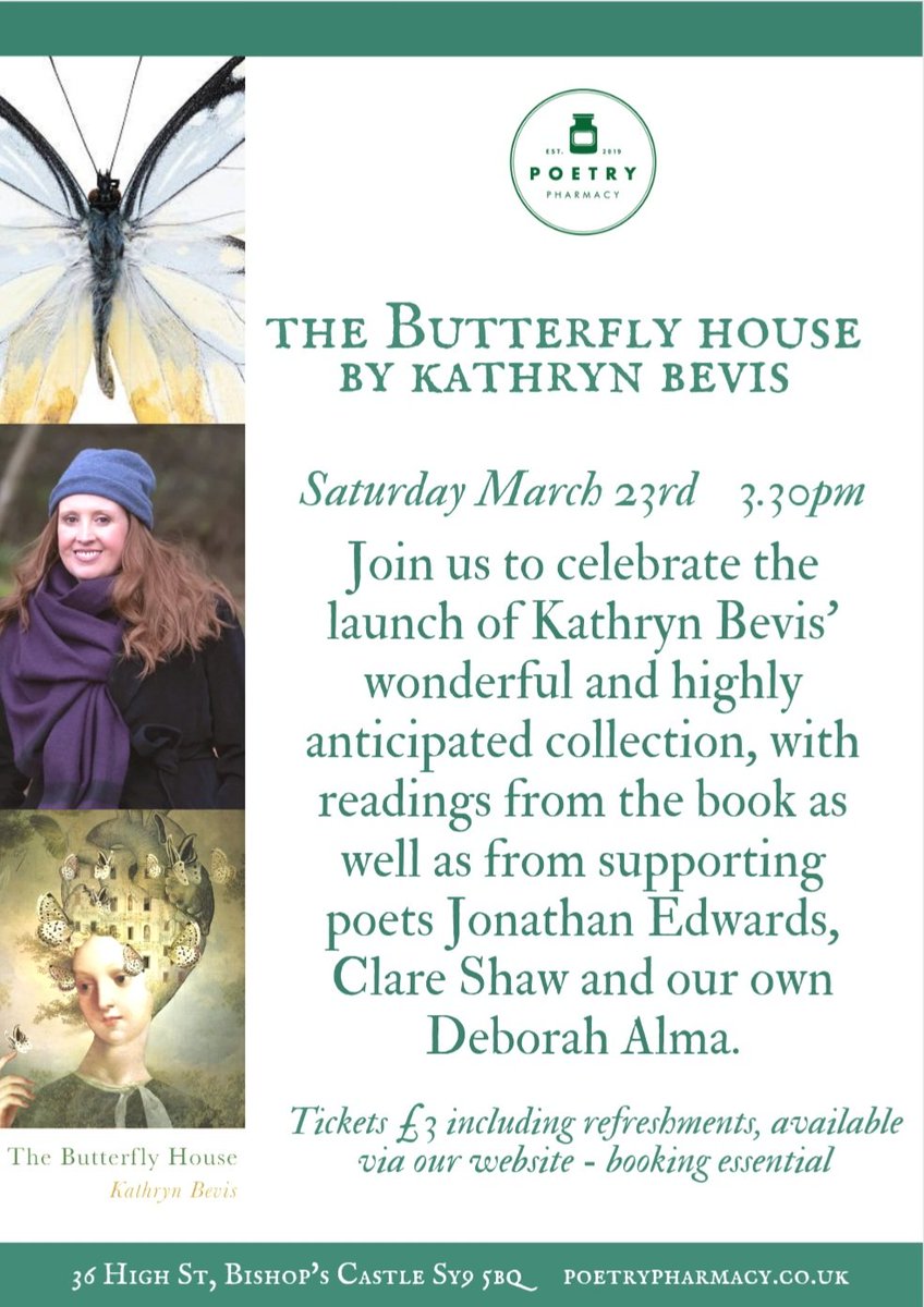 We couldn't be more proud than to launch @BevisKathryn The Butterfly House from @SerenBooks Expect beautiful poems, 🦋🦋🦋 & prosecco & help us to raise a glass to this dazzling poet! (There will be an online launch too, from Seren tba) eventbrite.co.uk/e/book-launch-…