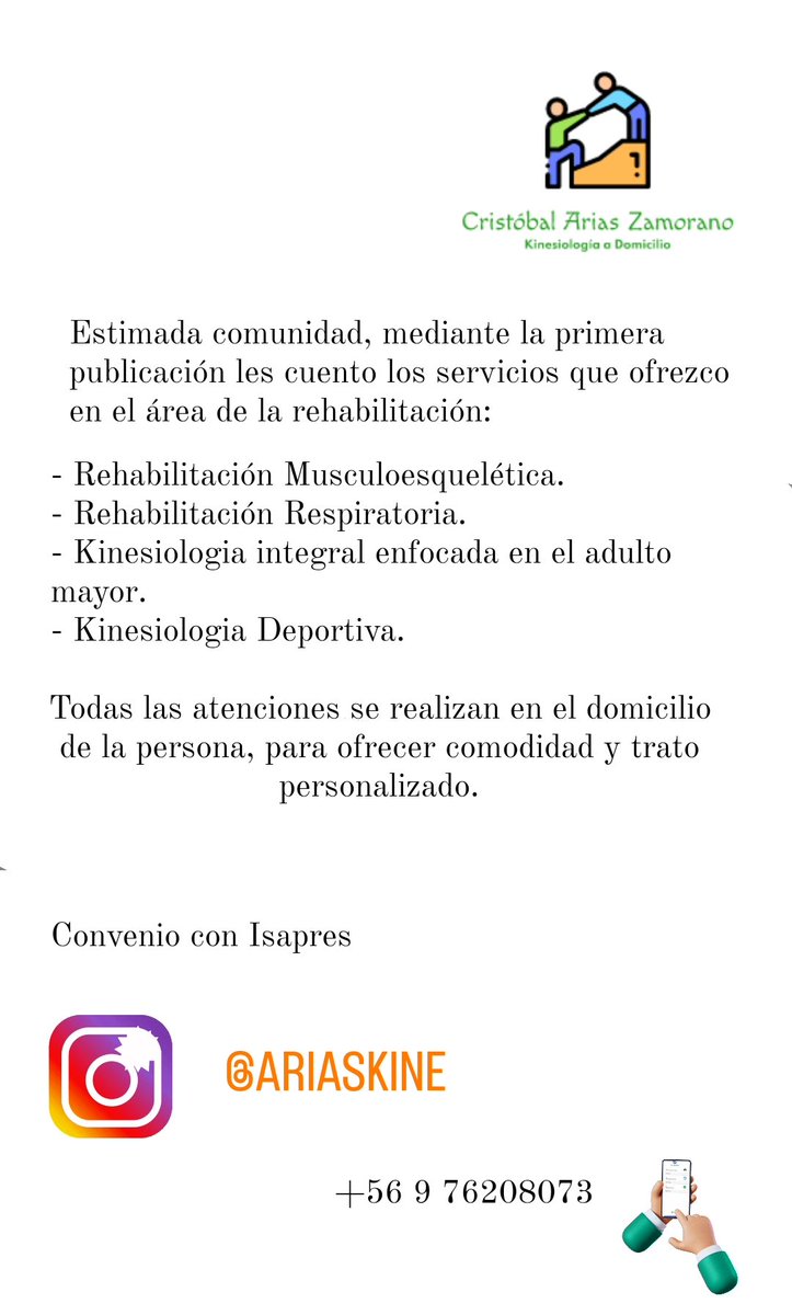 Muchachada twittera, abrí mi IG de atenciones kinésicas a domicilio, con atención particular y convenio con Isapres. Sigan mi cuenta ariaskine, dónde subiré videos y podré resolver algunas dudas que tengan.
Les pido compartir la publicación para llegar a más personas.

Gracias