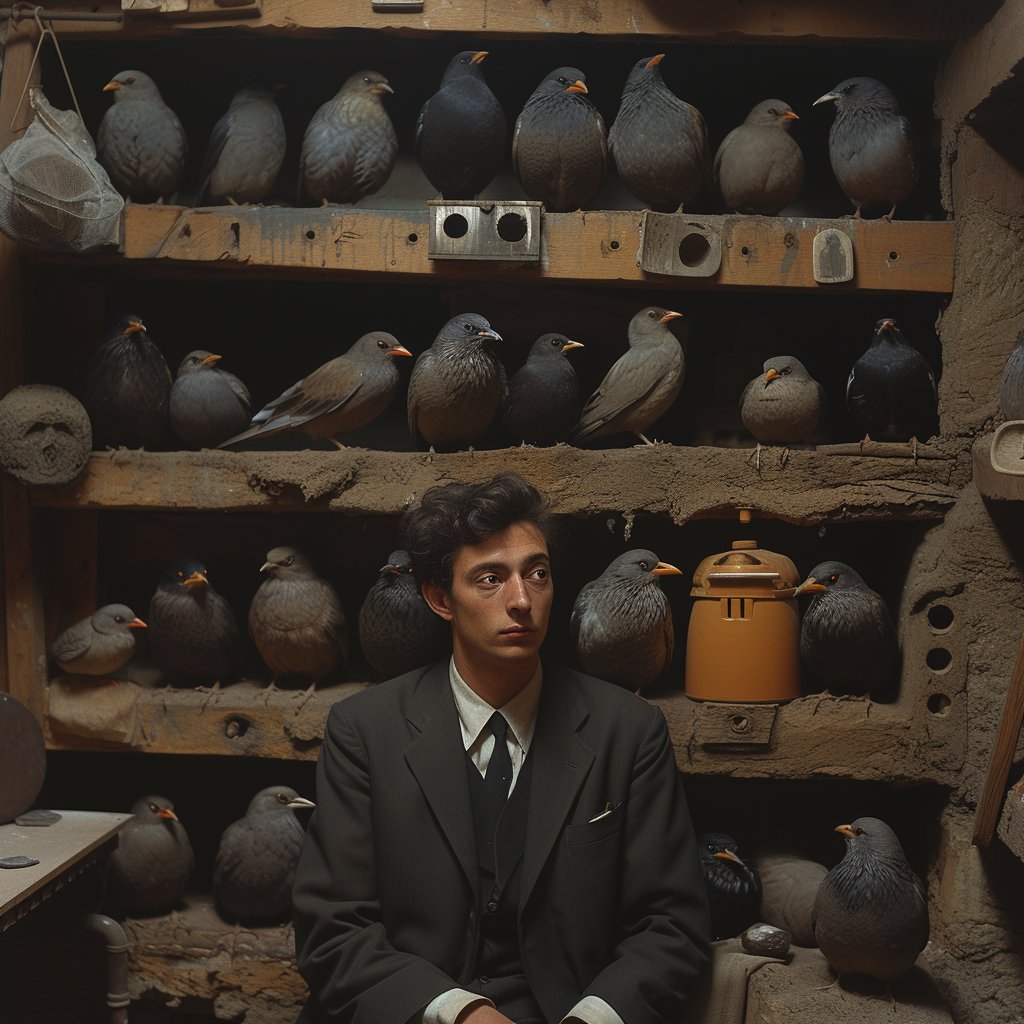 Merzmensch's tweet photo. "Once upon a time, postman Charles put the mail pigeons out of work. Now, when telegraph was invented and replaced him, he had to move into the birdhouse, without a job, but with compassion for his former competitors." From: #microMERZ https://t.co/HGDqd5bA2I